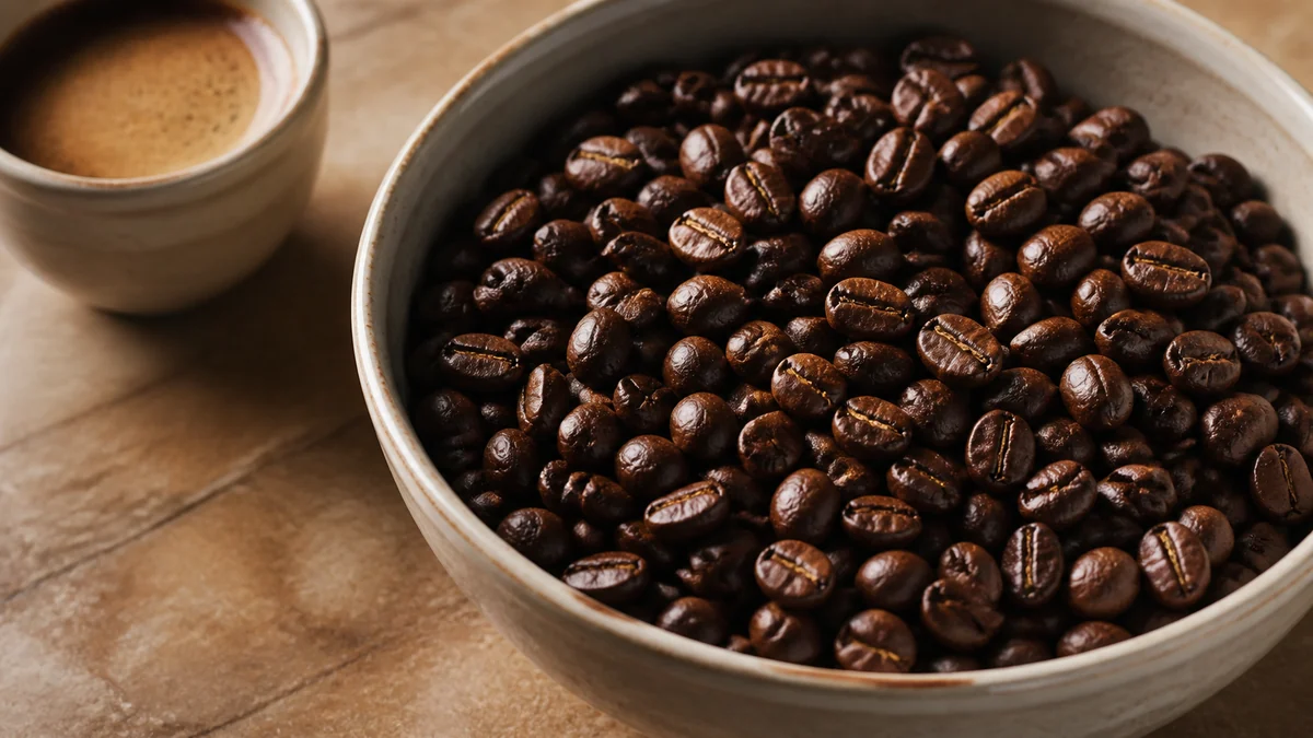 Grains de café torréfiés dans un bol avec une tasse espresso