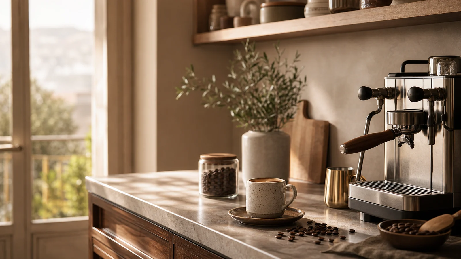 Coin café élégant avec machine espresso, tasse et grains de café