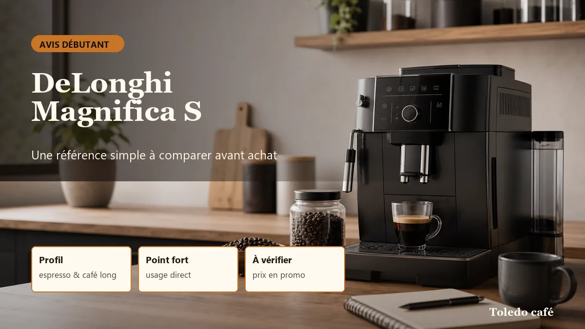 Visuel éditorial DeLonghi Magnifica S pour débutant avec critères profil, point fort et prix en promotion