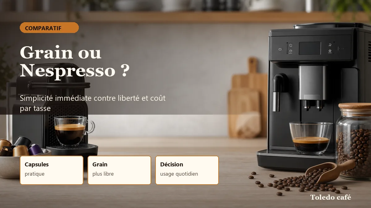 Comparatif visuel entre machine à café à grain et Nespresso pour choisir selon simplicité, liberté et usage quotidien