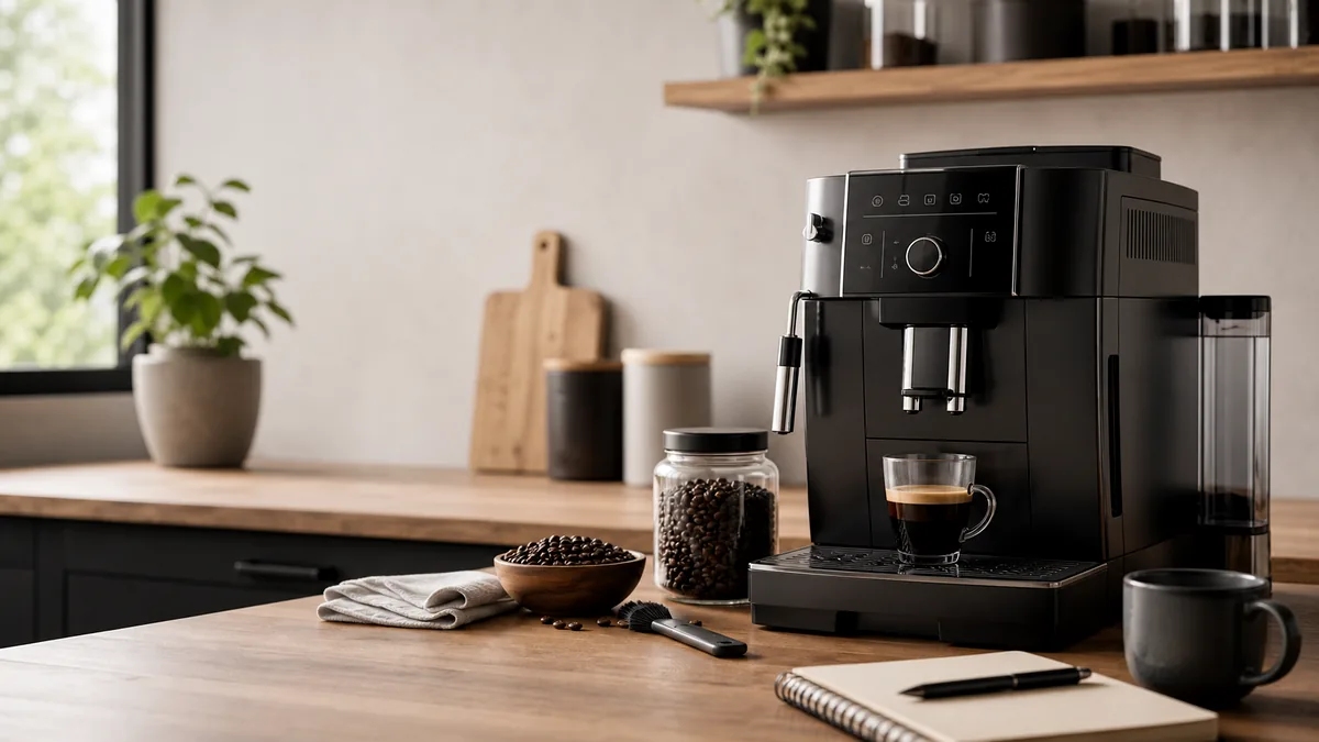 Machine à café automatique générique sur plan de travail pour illustrer un avis DeLonghi Magnifica S