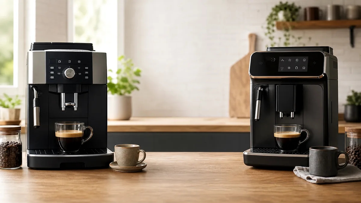 Deux machines à café automatiques génériques côte à côte pour un comparatif débutant