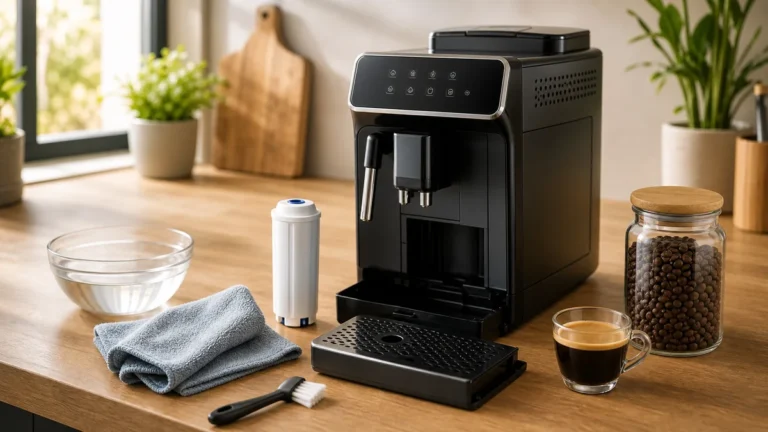 Machine a cafe a grain propre avec brosse filtre et chiffon d entretien