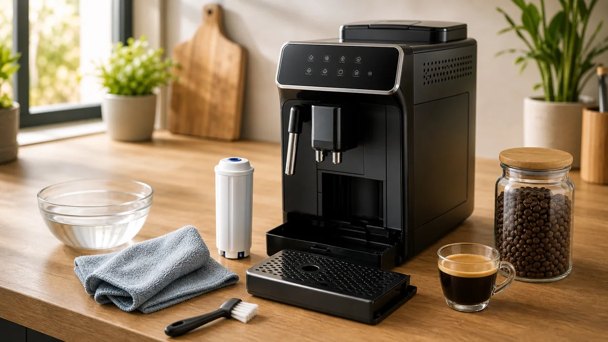 Machine a cafe a grain propre avec brosse filtre et chiffon d entretien