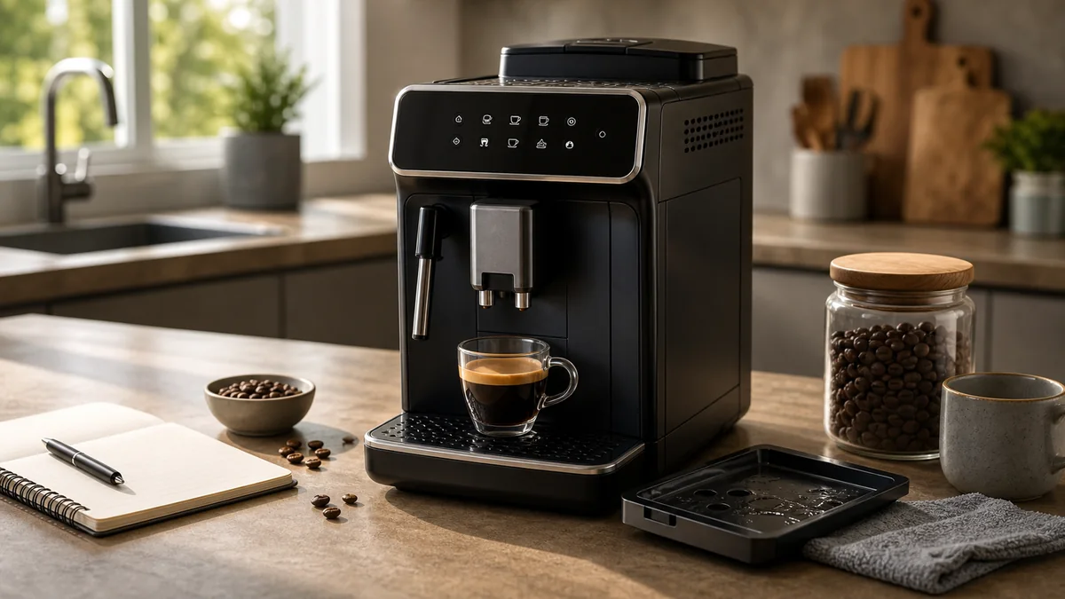 Machine a cafe automatique sur plan de travail avec accessoires d entretien