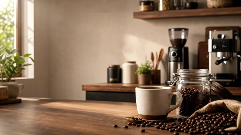 Coin café avec tasse, grains et machine à café pour illustrer un guide débutant