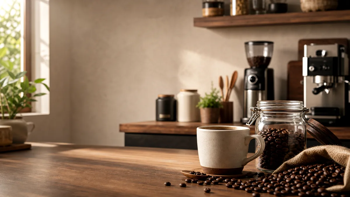 Coin café avec tasse, grains et machine à café pour illustrer un guide débutant